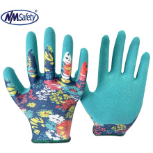 NMSAFETY  13 gauge flower print polyester liner coated foam latex on palm garden work gloves EN388 2016